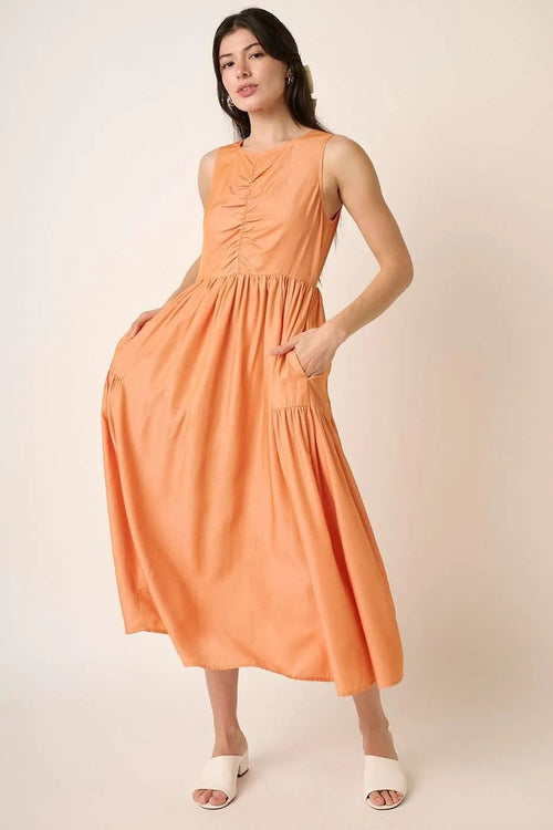 Émilie – Robe Midi Froncée Sans Manches