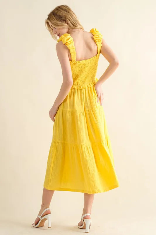 Clio– Robe Midi à Bretelles Plissées