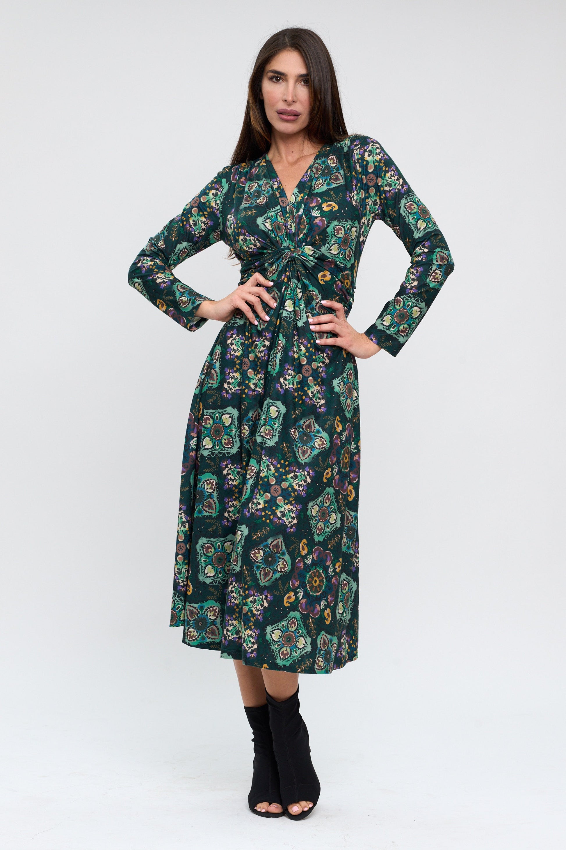 Émeraude – Robe Midi Nouée Imprimée Vert