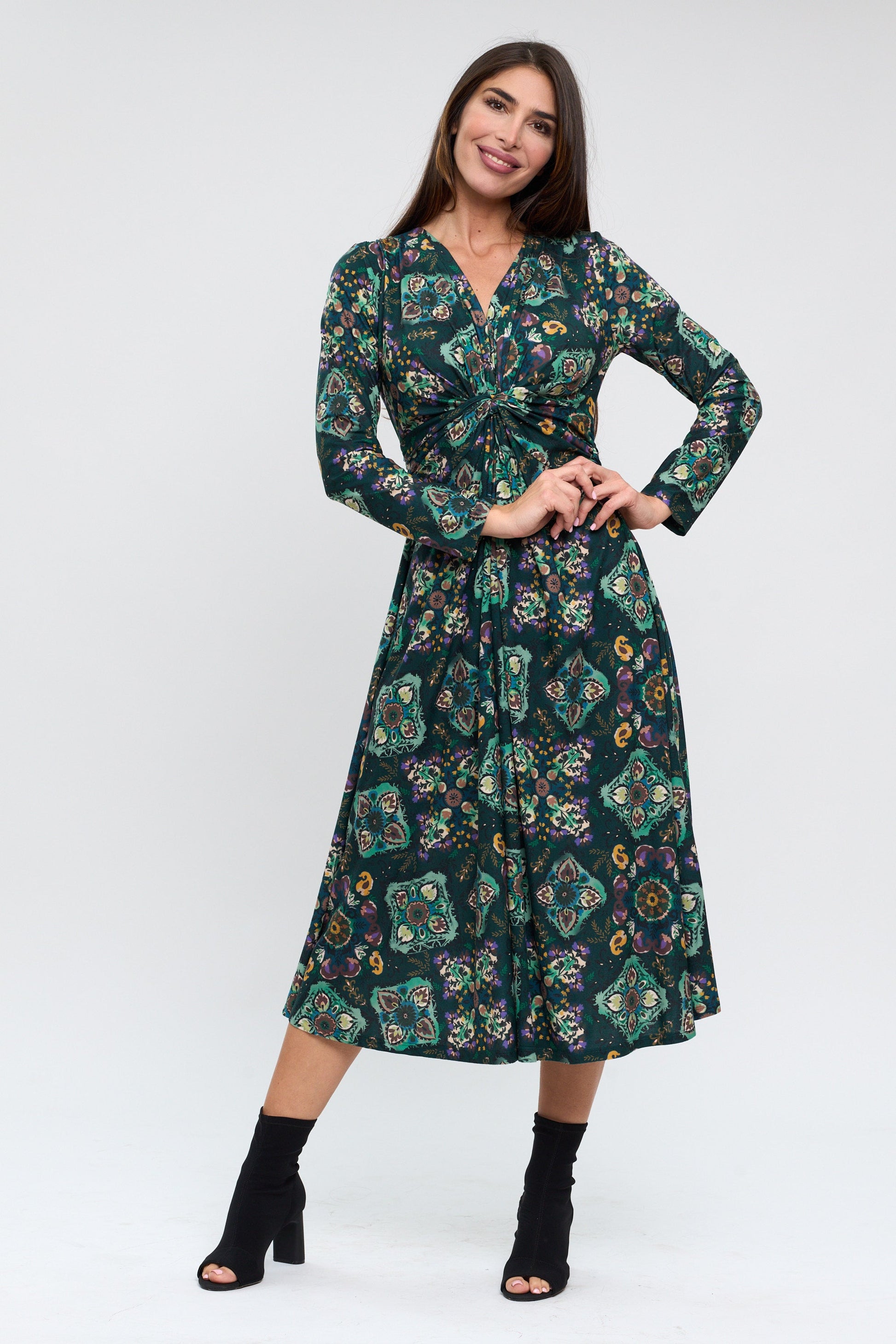 Émeraude – Robe Midi Nouée Imprimée Vert