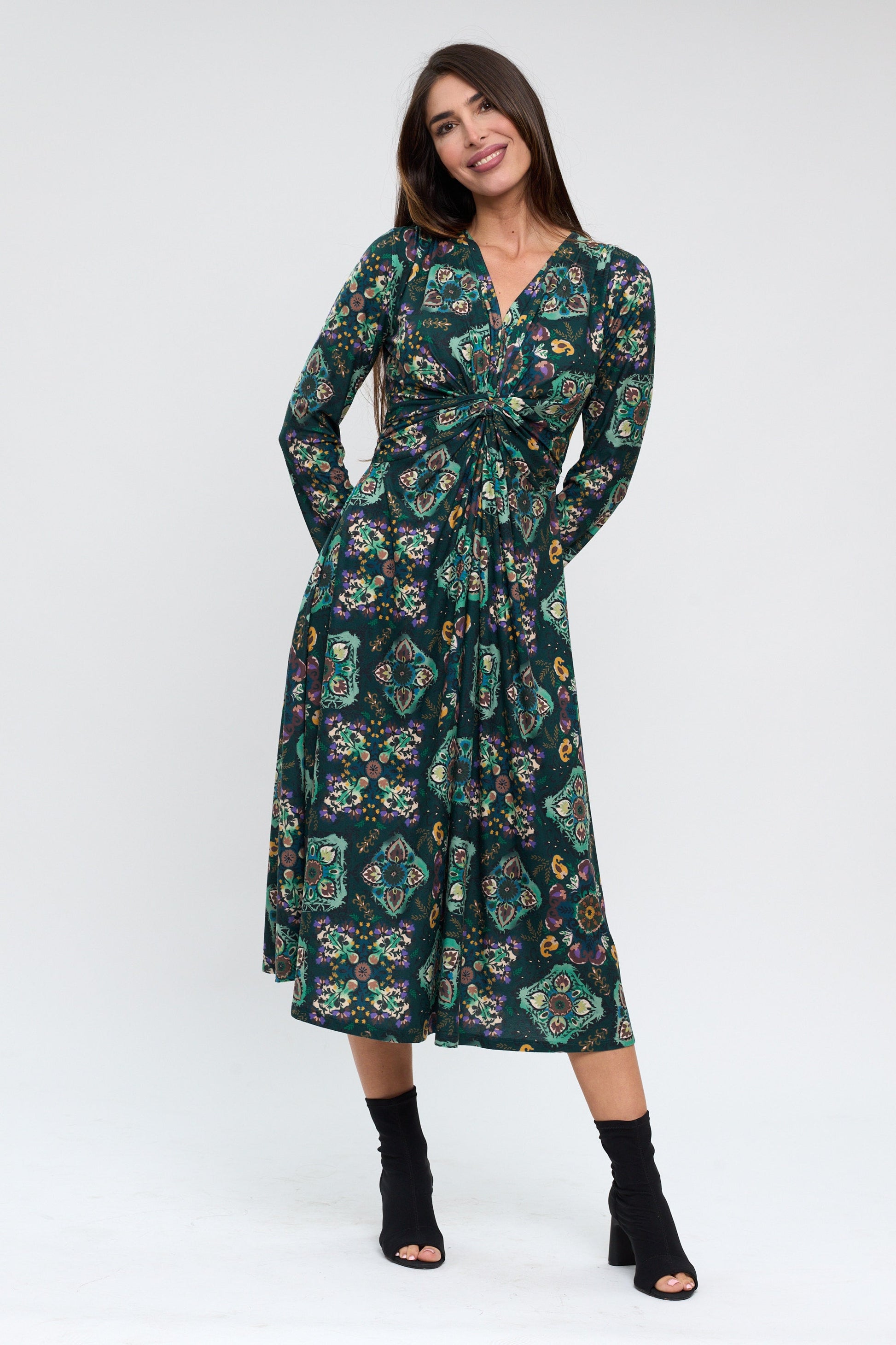 Émeraude – Robe Midi Nouée Imprimée Vert