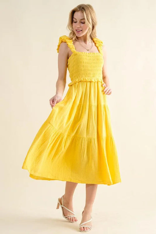 Clio– Robe Midi à Bretelles Plissées